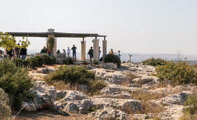 Tourists visiting the place called the Balcony of Israel in the Jewish settlement Peduel in the Samaria region in Benjamin district near to Rosh Haayin - obrazy, fototapety, plakaty