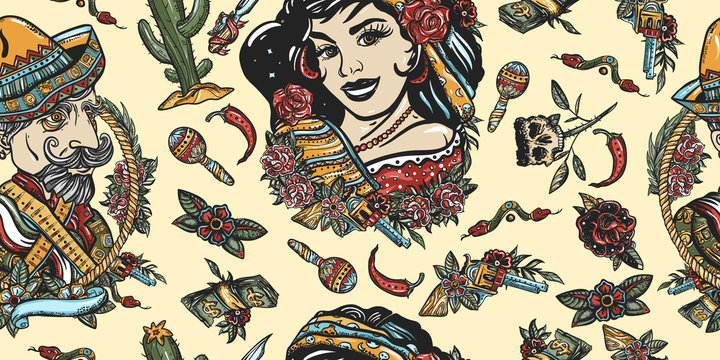 Mexican seamless pattern. Mexican woman and conquistador. National culture and people. Traditional tattooing style. Day Of Dead art. Old school tattoo vector background