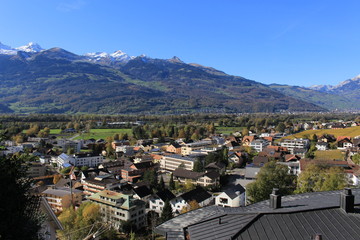 Fototapeta na wymiar Aerial view of Vaduz, the capital city of Liechtenstein in Europe, taken from Vaduz Castle trail.