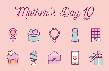 10 happy mothers day line and fill style icon set vector design