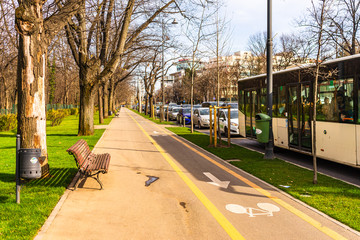 Car traffic in downtown area of Bucharest. Car pollution, traffic jam in the morning and evening in...