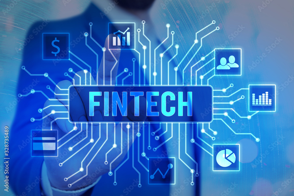 Poster text sign showing fintech. business photo showcasing financial technology concept. enabling through 
