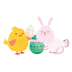 happy easter rabbit and chicken with eggs celebration season