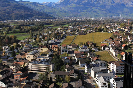 Aerial view of Vaduz, the capital city of Liechtenstein in Europe, taken from Vaduz Castle trail.