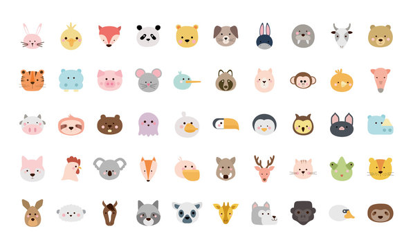 Cute animals cartoons flat style icon set vector design