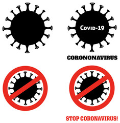Coronavirus (COVID-19) Black Silhouette of Pathogenic Bacteria Design Set. Vector Collection Isolated On White Background
