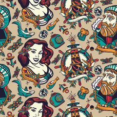 Sea adventure seamless pattern. Sea wolf captain, lighthouse and sailor girl. Nautical art. Old school tattoo style