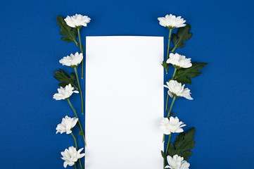 Beautiful rectangular floral arrangement of white flowers with a blank card and place for text on a blue background. Spring flowers concept