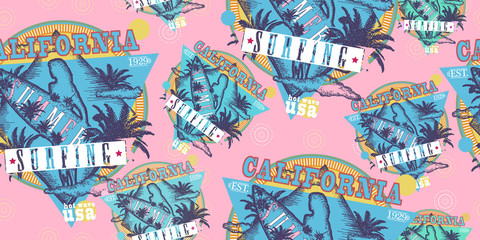 Surfing. California. Seamless pattern. Packing old paper, scrapbooking style. Vintage background. Medieval manuscript, engraving art