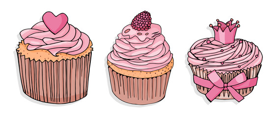Set of three cupcakes. Cupcake with pink cream and heart pink; cupcake with crown and pink bow; chocolate cupcake with pink cream and raspberries on a white background