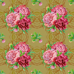 Seamless pattern with red and pink peonies flowers.