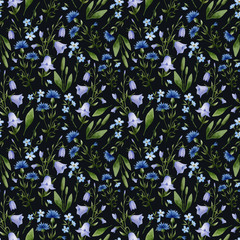 Fototapeta premium Watercolor seamless pattern with meadow flowers, bell, myosotis, cornflower. Botanical background with wild flowers perfect for wallpaper, wrapping, textile, decoration.