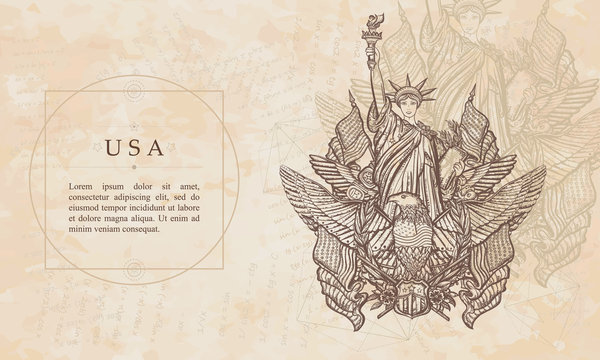 USA. Statue of liberty, eagle, flag and map. United States of America. Patriotic background. Medieval manuscript, engraving art