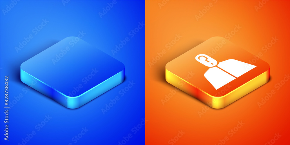 Poster isometric anonymous man with question mark icon isolated on blue and orange background. unknown user