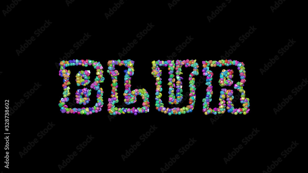 Poster colorful 3d writting of blur text with small objects over a dark background and matching shadow