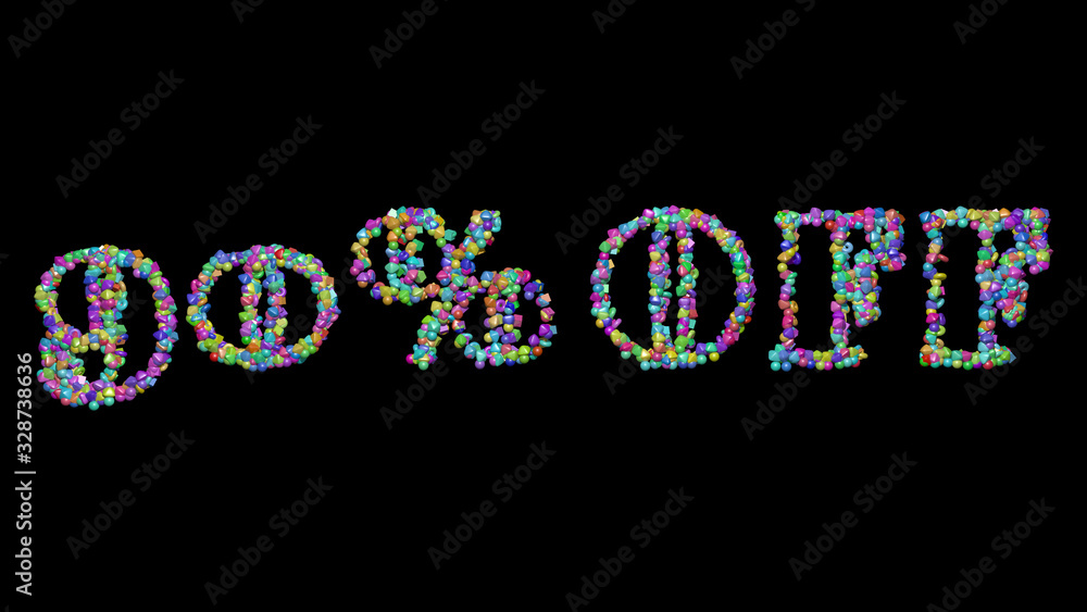 Poster 90% off written in 3d illustration by colorful small objects casting shadow on a black background