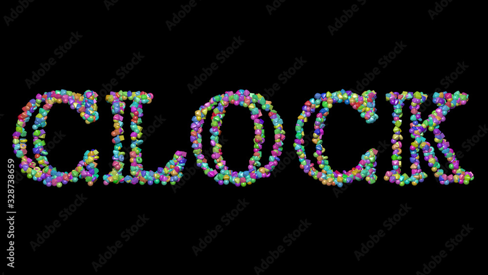 Poster clock written in 3d illustration by colorful small objects casting shadow on a black background