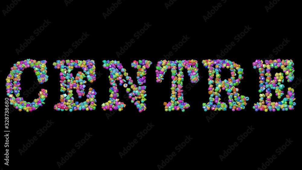 Poster centre written in 3d illustration by colorful small objects casting shadow on a black background