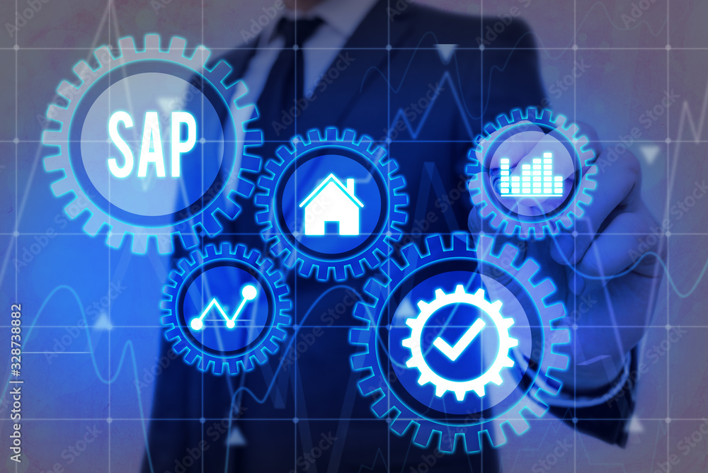Aufkleber word writing text sap. business photo showcasing sap business process automation software. erp enter