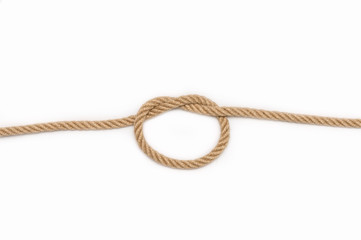 Simple knot. Isolated image of tangled rope on white background.