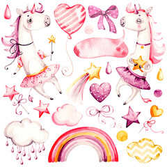 Cute unicorn Baby girl. Watercolor nursery cartoon magic animals horse, fantasy clouds rainbow. Adorable Nurseries pink set isolated on white background. Hand painted watercolour cute unicorn clip art