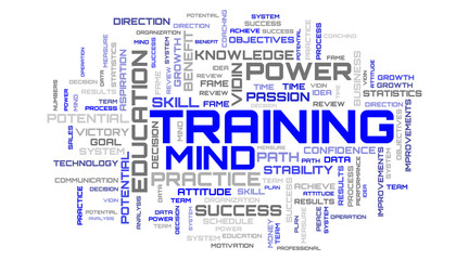 Blue word collage on white background. Abstract word cloud art