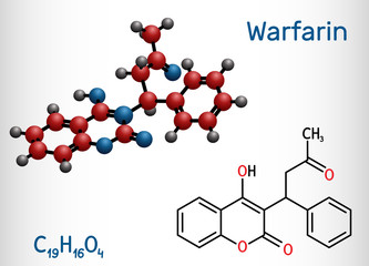 Warfarin, C19H16O4 molecule. Warfarin is an anticoagulant drug normally used to prevent blood clot formation. Structural chemical formula and molecule model