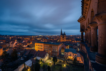 Scenic view over the historic old town of Quedlinburg in Germany in the evening during blue hour