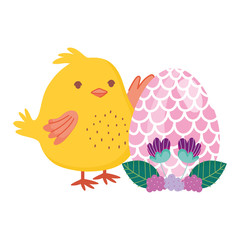 happy easter chicken with egg flowers leaves decoration