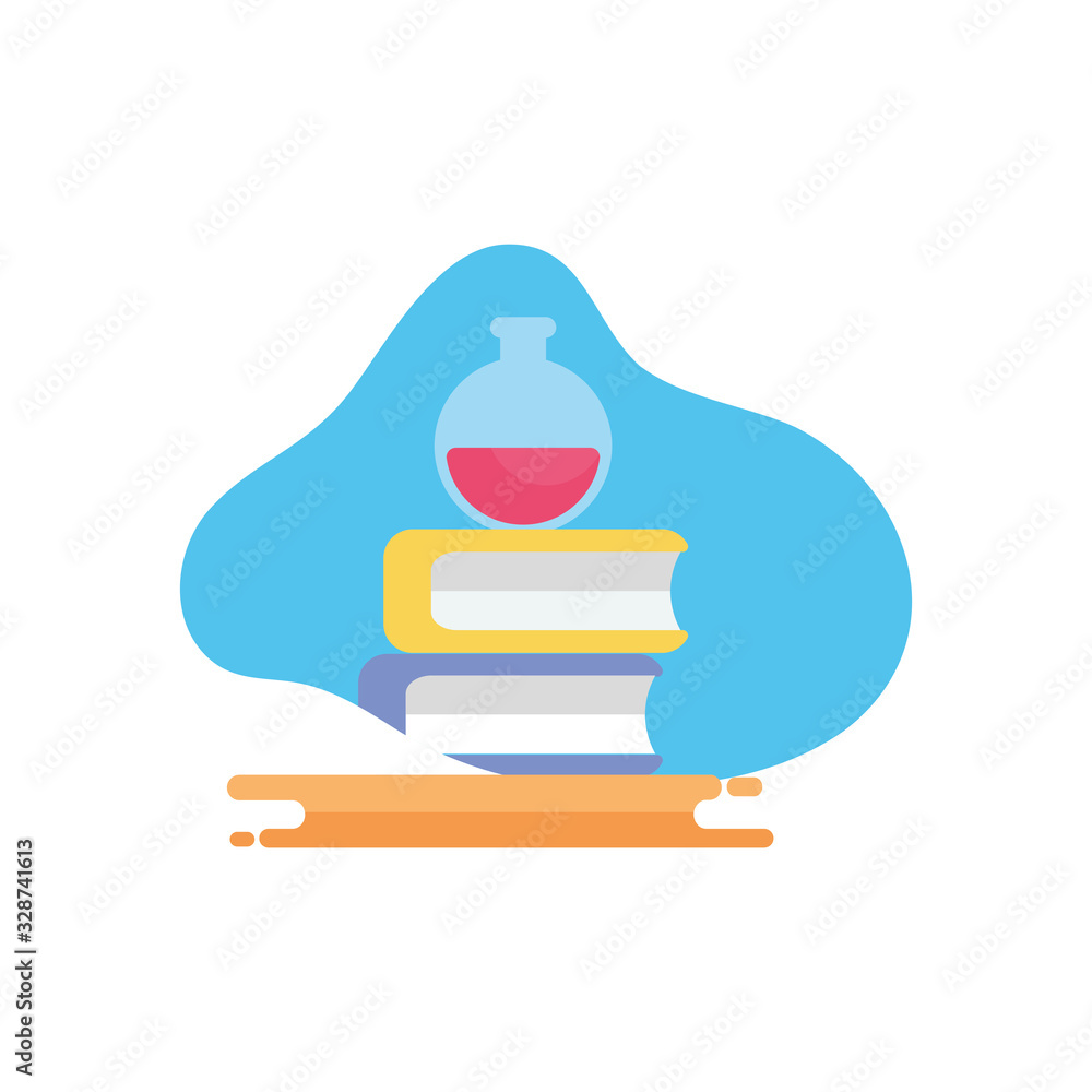 Poster flask over school books flat block style icon vector design