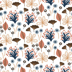 Floral foliage seamless pattern with plants and flowers. Vector brown and blue background.