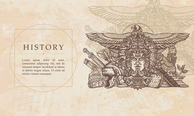 History of the old world. Totem Maya, Egypt gods, pyramids of sumers, helmet and sword Roman gladiator. Renaissance background. Medieval manuscript, engraving art