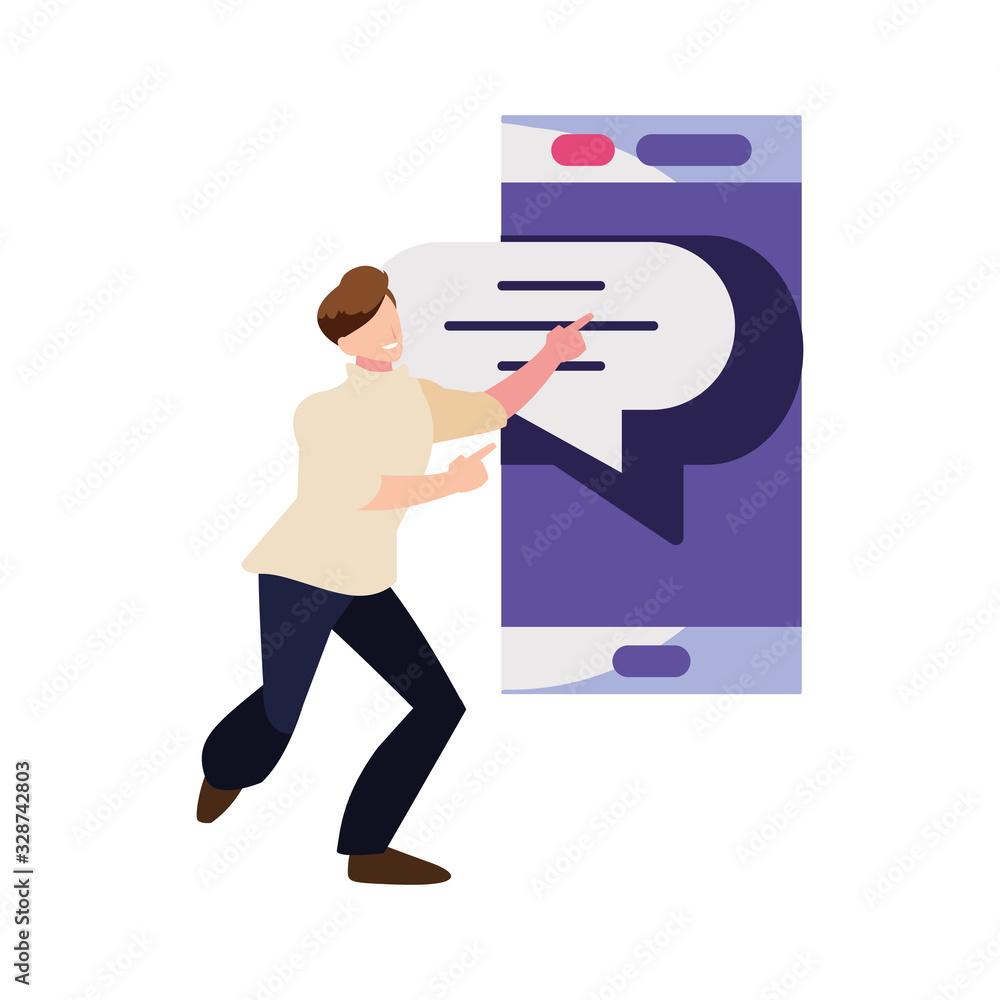 Poster man with smartphone screen and speech bubble on white background