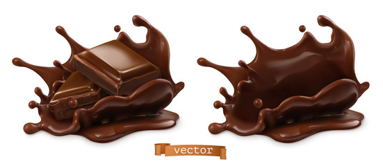Piece of chocolate and chocolate splash. 3d vector realistic food objects - obrazy, fototapety, plakaty