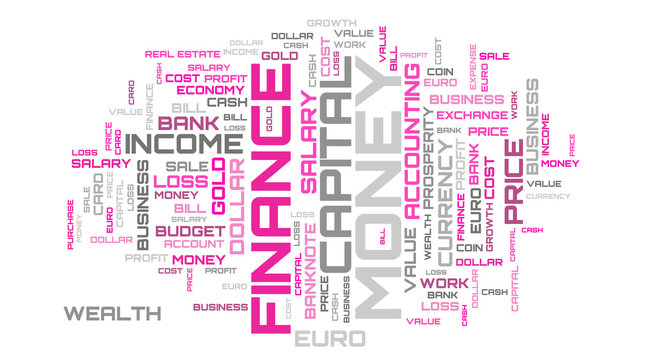 Word collage on white background. Finance pink word cloud background