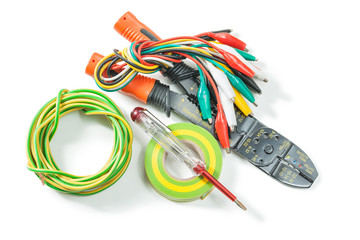 electric tools insulated stripper insulation tape set o wires tester isolated on white