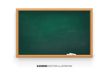 Chalkboard 3D. Realistic green blackboard in wooden frame isolated on white background.chalk on a blackboard.Rubbed out dirty chalkboard. Background for school or restaurant design, menu.vector