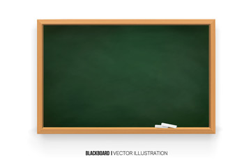 Chalkboard 3D. Realistic green blackboard in wooden frame isolated on white background.chalk on a blackboard.Rubbed out dirty chalkboard. Background for school or restaurant design, menu.vector
