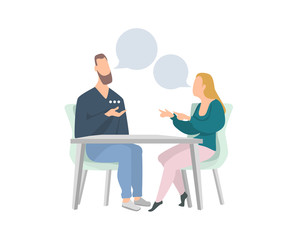 Man and woman chatting online on their smartphones. sending messages. Flat cartoon vector illustration.friends or colleagues talking in a cafe.Concept of social network communication.