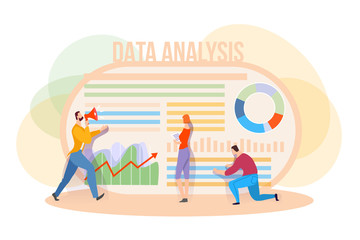 Obraz na płótnie Canvas People build a dashboard and interact with graphs.vector business illustration, office workers analyze company growth.study statistics. Flat style vector illustration.