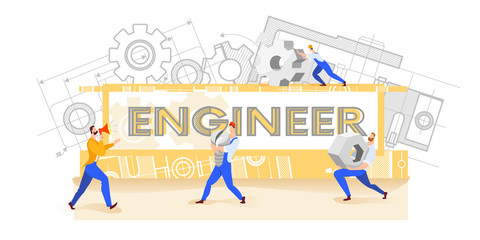 Construction Worker People teamwork ,Building industry concept.Workers carry construction details. Abstract background with various drawings and diagrams. Screw, nut and gear.Vector illustration