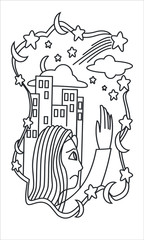 girl at night colouring image for kids books