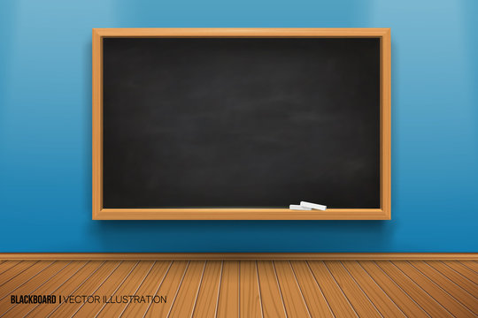 Room with a blackboard on the wall. 3D board. Realistic black board in a wooden frame. Empty room with a blue wall and wooden floor. vector