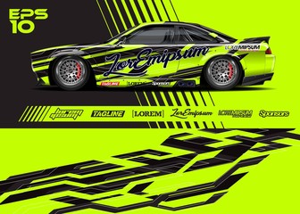 Fototapeta premium Car graphic livery design vector. Abstract stripe racing background for wrap race car, rally, drift car, cargo van, pickup truck and adventure vehicle. Full vector Eps 10.