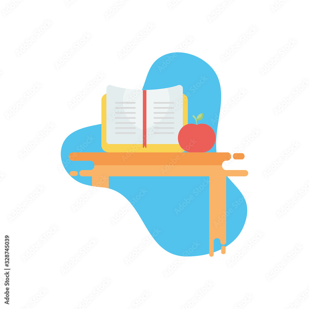 Poster school book and apple over table flat block style icon vector design