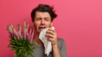 Dejected man suffers from despair, has asthma and allergy to plants, tired of sneezing, holds...