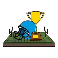 Fototapeta na wymiar american football sport helmet with trophy cup and camp