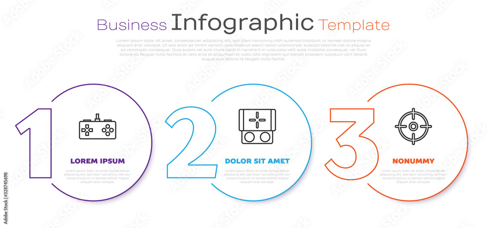 Wall mural set line gamepad, portable video game console and target sport. business infographic template. vecto