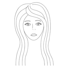 Vector illustration of a girl's face. Full face. Long hair and eyelashes. Puffy lips. Face on an isolated background. Coloring book for children and adults. Idea for book, magazine, web design. Doodle