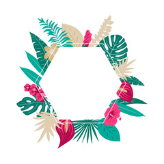 Abstract tropics Collection. Tropical exotic vector flowers and leaves. Set floral illustration. Collection for invitation to party or holiday